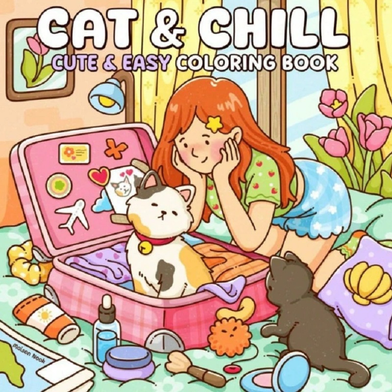 Adult Coloring Book Stress Relief - Gatto e ragazza, simpatico libro da